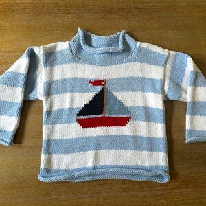 Pre-owned Claver Blue & White Sailboat Roll Neck Cotton Sweater, Size 3T
